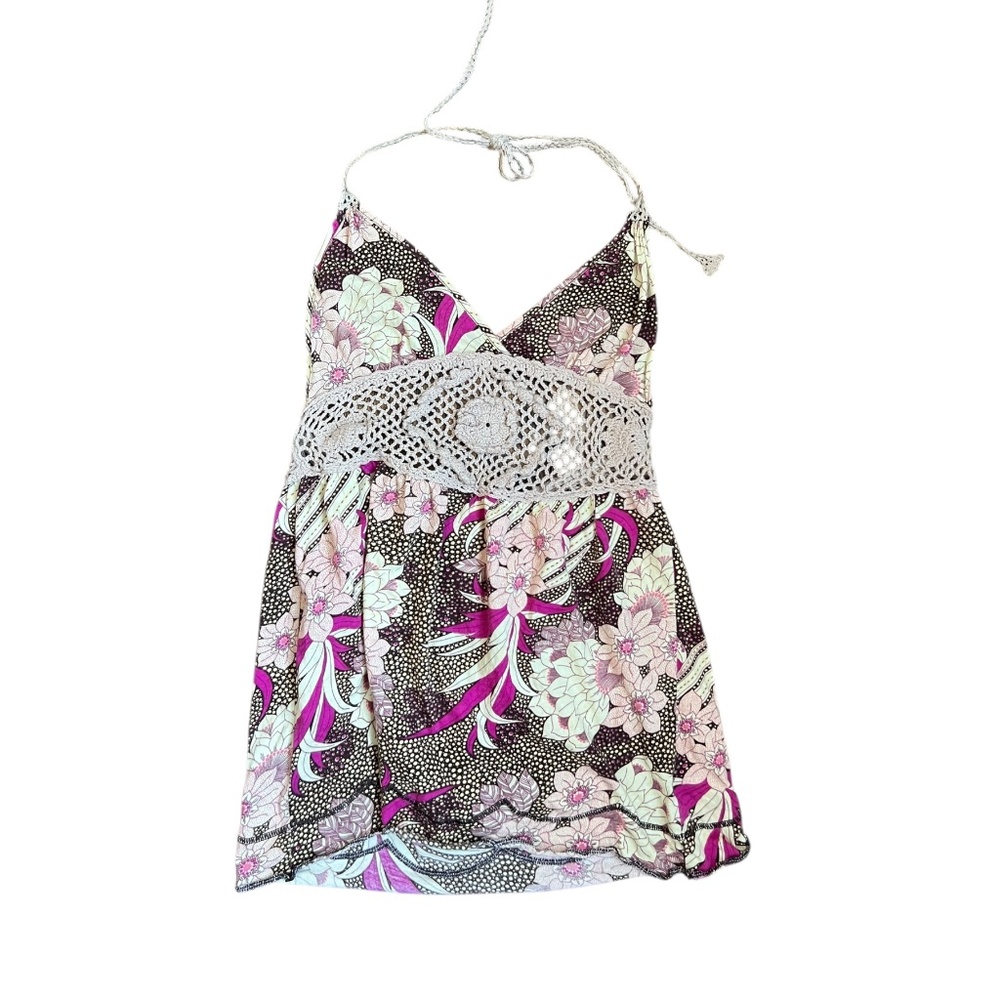 Y2K Hawaiian Floral Crochet Halter Top XS